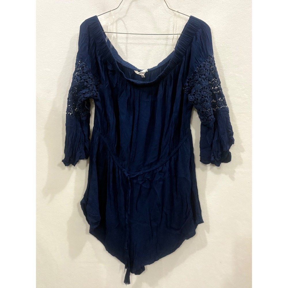 Blush Navy Blue Off The Shoulder Crochet Lace Long Sleeve Romper XL